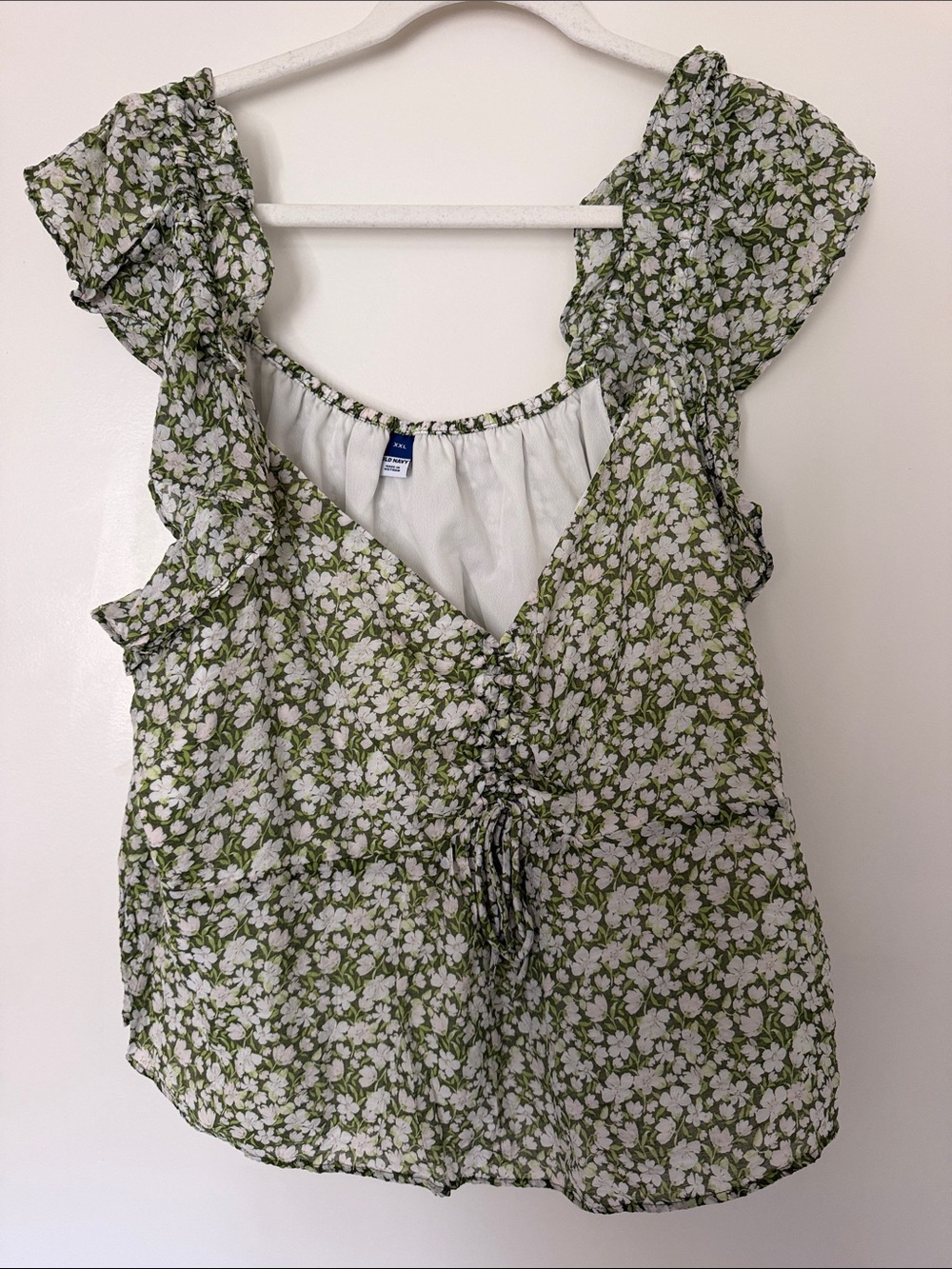 Old Navy Green and White Floral Ruffle Blouse